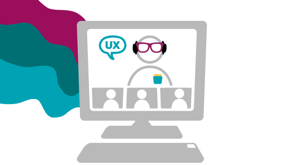 Graphic: alt: A computer with a UX speech bubble and a cartoon of Jared Spool on it.